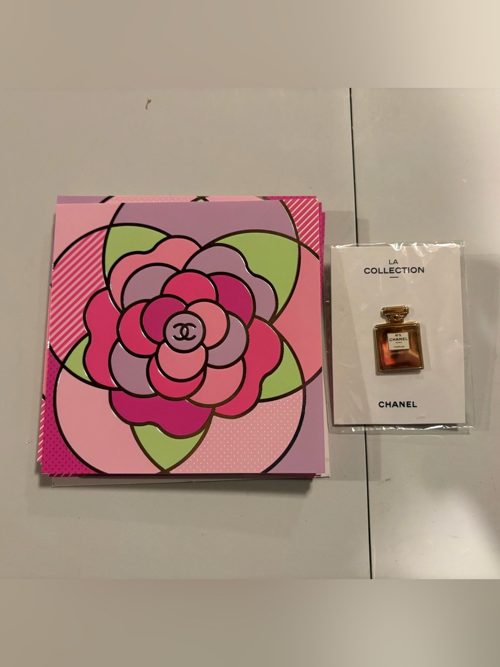 Camellia Card Set (10 Cards) + Chanel No. 5 Perfume Bottle Pin NWOT | Gift Set